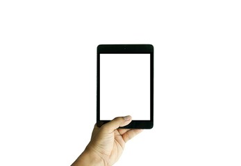 Isolated tablet with blank white screen. Hand holding tablet with white blank screen. Isolated tablet on white background.