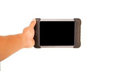 Isolated car diagnostic tools with black blank screen. Isolated handheld computer with black blank screen.