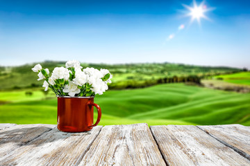 Fresh spring flowers in red mug on wooden white table and spring landscape 