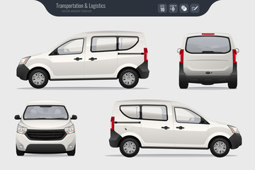 Detailed cargo freight car vector template. Realistic White Cargo Van isolated on grey background. Vector