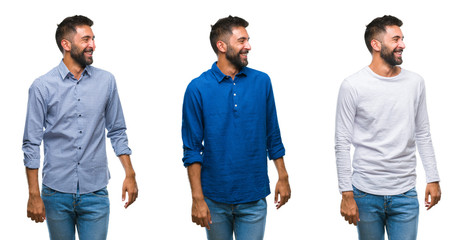 Collage of handsome young indian man over isolated background looking away to side with smile on face, natural expression. Laughing confident.