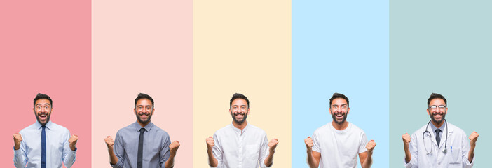 Fototapeta premium Collage of handsome man over colorful stripes isolated background celebrating surprised and amazed for success with arms raised and open eyes. Winner concept.