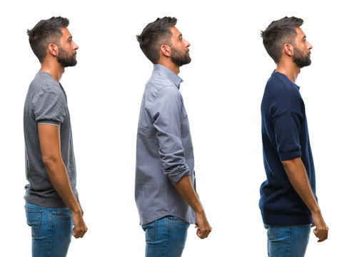 Collage of handsome young indian man over isolated background looking to side, relax profile pose with natural face with confident smile.