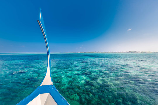 Dhoni boat in Maldives, beautiful lagoon and turquoise sea view. Perfect exotic vacation concept in Maldives 