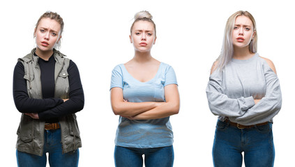 Collage of beautiful blonde young woman over isolated background skeptic and nervous, disapproving expression on face with crossed arms. Negative person.