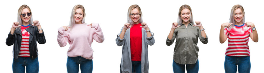 Collage of beautiful blonde young woman over isolated background looking confident with smile on face, pointing oneself with fingers proud and happy.