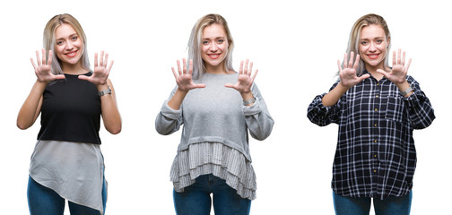 Collage of beautiful blonde young woman over isolated background showing and pointing up with fingers number ten while smiling confident and happy.