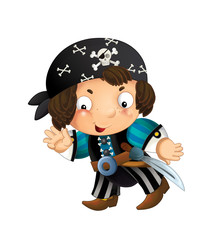 cartoon scene with pirate man captain with sword on his back on white background - illustration for children