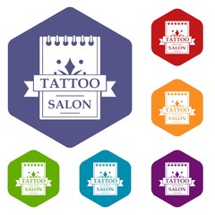 Obraz premium Tattoo salon icons vector colorful hexahedron set collection isolated on white 