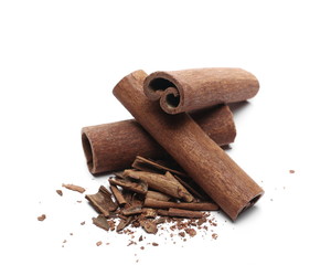 Cinnamon sticks with shavings isolated on white background