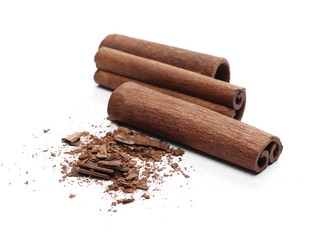 Cinnamon sticks with shavings isolated on white background