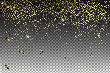 Vector festive illustration of falling shiny particles, Golden Confetti Glitters, stars isolated on transparent background.