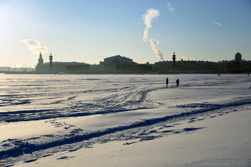 Historic city center of Saint-Petersburg, Russia, and frozen Neva river