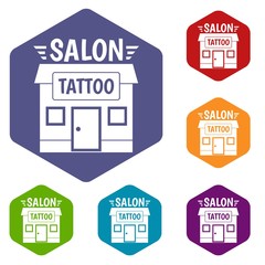 House tattoo salon icons vector colorful hexahedron set collection isolated on white 
