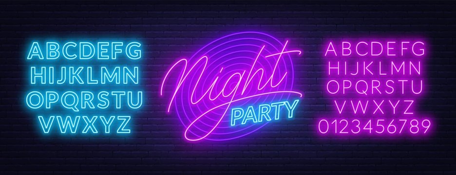 Neon lettering Night party on brick wall background. Glowing fonts. Template for invitation, card or poster.