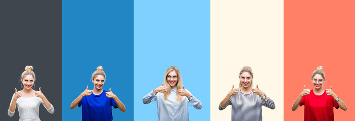Obraz premium Collage of young beautiful blonde woman over vivid colorful vintage stripes isolated background success sign doing positive gesture with hand, thumbs up smiling and happy. Looking at the camera