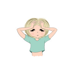 Tired Blonde Hair Girl Migraine Isolated On A White Background Sad Hand Drawn Illustration Stressed Woman