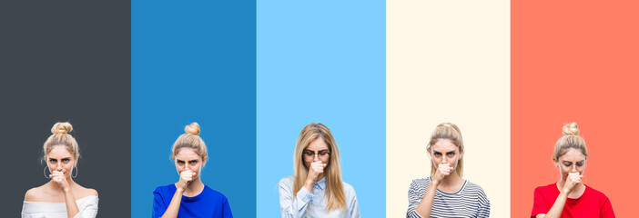 Collage of young beautiful blonde woman over vivid colorful vintage stripes isolated background feeling unwell and coughing as symptom for cold or bronchitis. Healthcare concept.