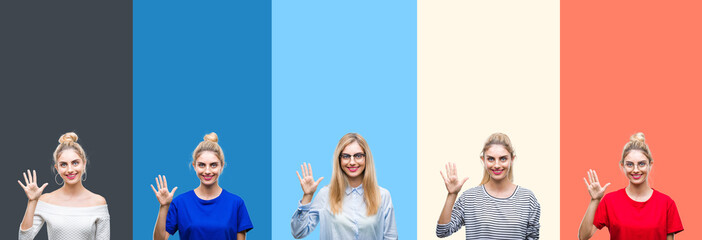 Collage of young beautiful blonde woman over vivid colorful vintage stripes isolated background showing and pointing up with fingers number five while smiling confident and happy.