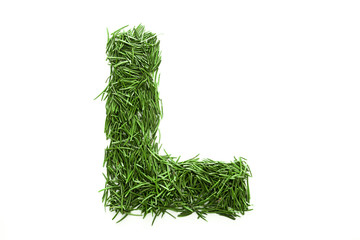 Letter L, alphabet made of green grass. Isolated on white background