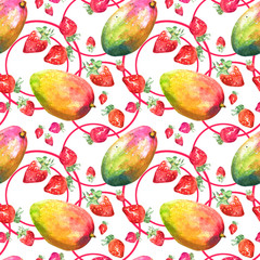 Watercolor seamless pattern with hand drawn fresh juicy fruits