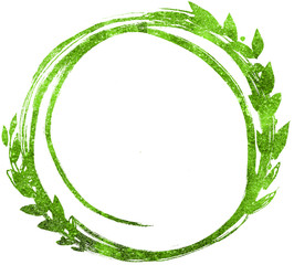 Watercolor spring frame with green foliage and splashes on the white isolated background. Beautiful and elegant design.