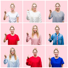 Collage of young beautiful blonde woman over pink isolated background showing and pointing up with finger number one while smiling confident and happy.