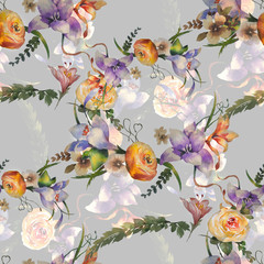 Fototapeta na wymiar Watercolor painting of leaf and flowers, seamless pattern on gray background