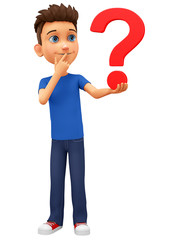 Cartoon character guy holds a question mark on a white background. 3d rendering. Illustration for advertising.
