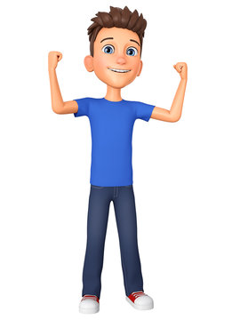 Character cartoon guy celebrates victory on a white background. 3d rendering. Illustration for advertising.