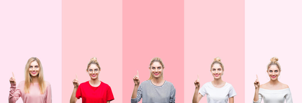 Collage of young beautiful blonde woman over vivid colorful vintage pink isolated background showing and pointing up with finger number one while smiling confident and happy.