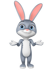 Cartoon character gray rabbit shrugs a shoulder on a white background. Not knowledgeable. 3d rendering. Illustration for advertising.