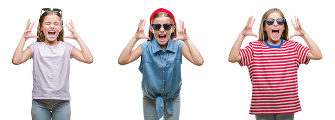 Collage of young little girl kid wearing sunglasses over isolated background celebrating mad and crazy for success with arms raised and closed eyes screaming excited. Winner concept