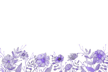 Violet floristic watercolor frame with line foliage, flowers and leaves on the white isolated background. Beautiful and elegant design.