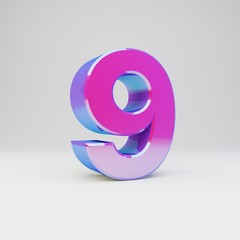3d number 9. Rendered multicolor metal font with glossy reflections and shadow isolated on white background.