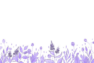 Violet floristic watercolor frame with line foliage, flowers and leaves on the white isolated background. Beautiful and elegant design.