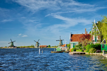 Fototapeta premium Windmills at Zaanse Schans in Holland. Zaandam, Netherlands