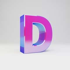 3d letter D uppercase. Rendered multicolor metal font with glossy reflections and shadow isolated on white background.