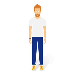 A young hipster man vector flat design illustration isolated on white background.
