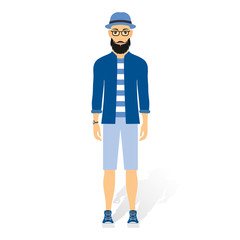 A caucasian young hipster man with the beard vector flat design illustration isolated on white background.