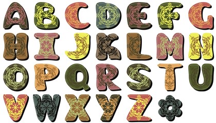 different textile scrapbook alphabet on white background	