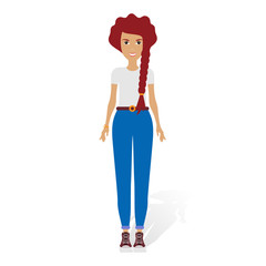 Young woman wearing trendy outfits. Female cartoon characters dressed in modern fashionable clothes. Stylish people. Colorful vector illustration in flat style