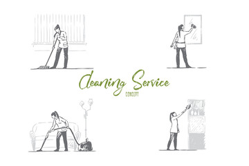 Cleaning service - washing floor, mirrors, shelves and vacuuming vector concept set