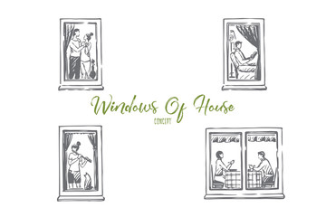 Windows of house - people dancing, reading, playing music, eating in windows of their flats vector concept set
