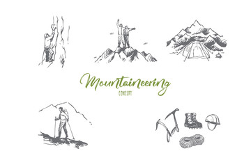 Obraz premium Mountaineering - sportsmen climbing mountains, camping and special equipment vector concept set
