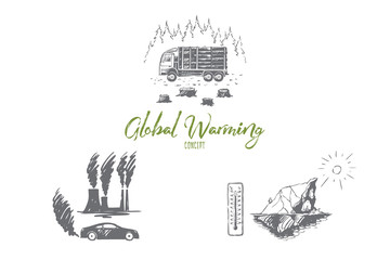 Global warming - factory pollution, iceberg melting, cutting down trees vector concept set