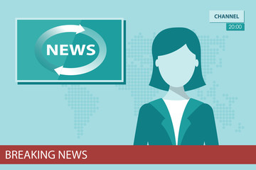Anchorwoman on tv broadcast news. Breaking News vector illustration. Media on television concept. Flat vector illustration