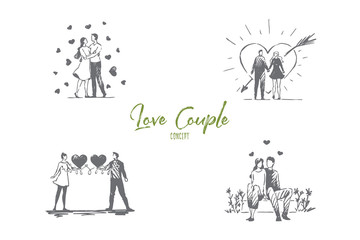 Fototapeta na wymiar Love couple - loving romantic couple walking outdoor and hugging each other vector concept set