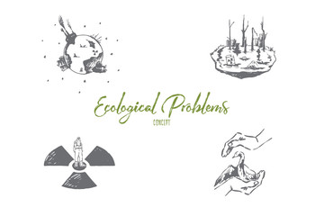 Ecological problems - saving of rare species, pollution, global wrming vector concept set