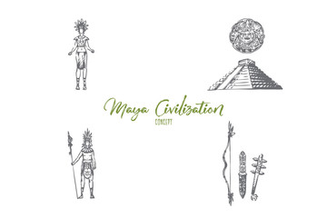 Maya civilization - Maya people, tools and pyramid vector concept set